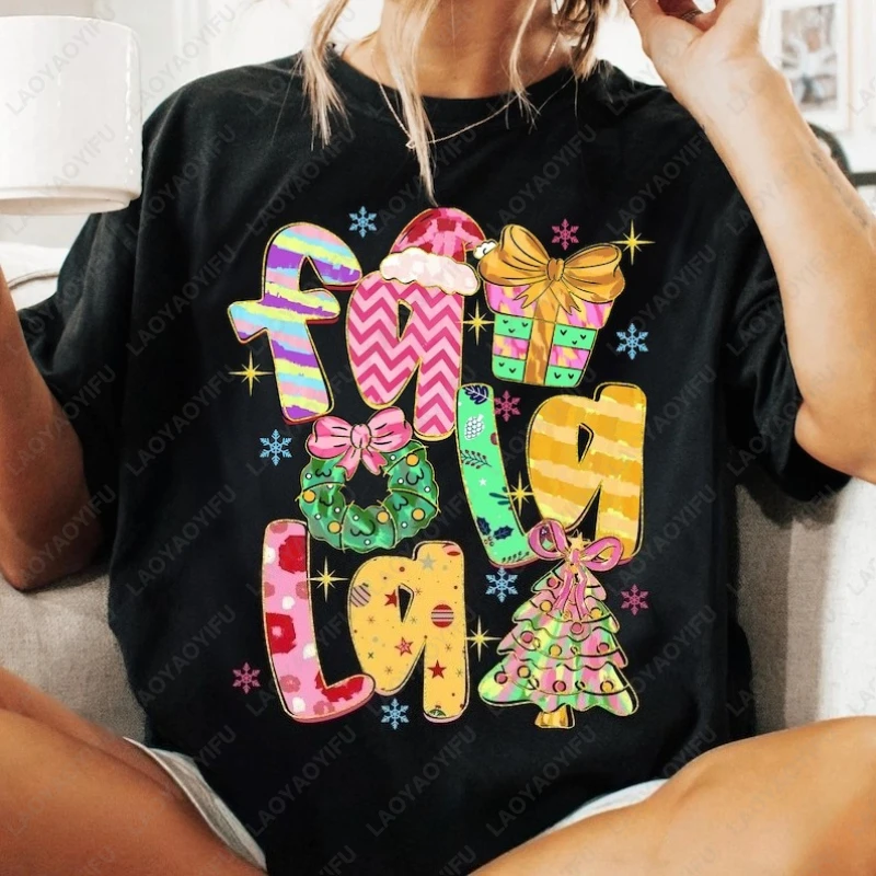 FaLaLa Christmas Tree Sublimation Brushstroke Tshirt Merry New Year Xmas Design Holiday Camisetas Vintage Men Women Cotton Tops