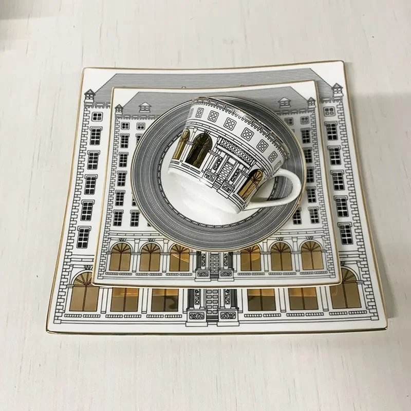 

European-style Black-and-white Architectural Art Ceramic Mugs and Saucers Coffee Cups and Saucers Tableware Afternoon Teacups