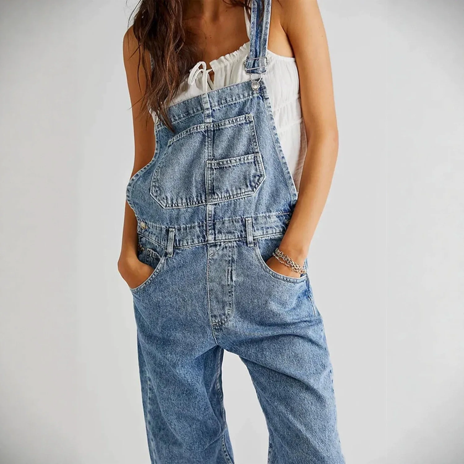 Summer 2026 Women's American Street Style Denim Overalls Comfortable Fashionable Trendy High Waist Straight Leg Cotton Jeans