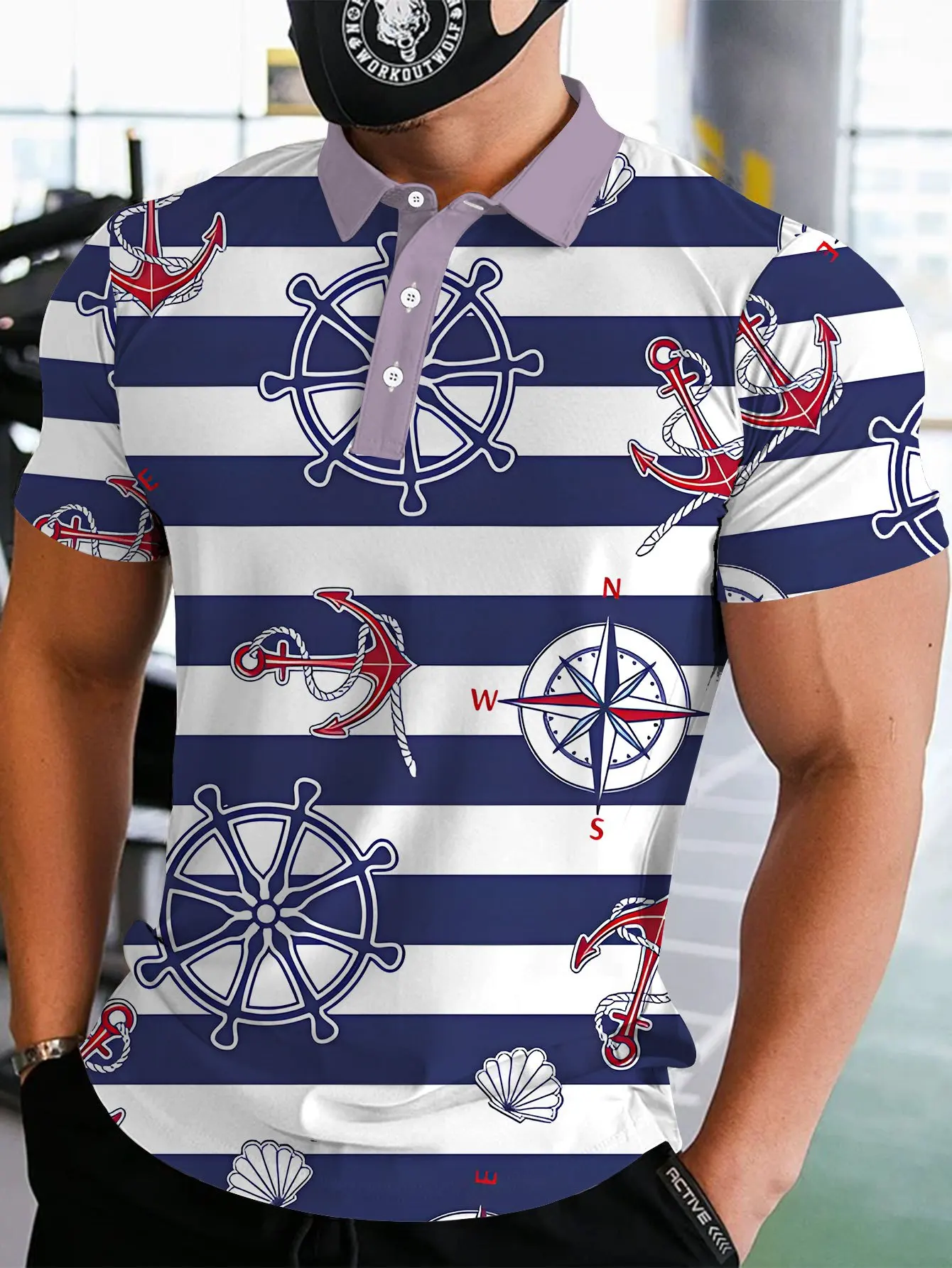 New men's short-sleeve polo shirt T-shirt, loose-fitting and tailored with printed patterns, versatile basic crew-neck top suita