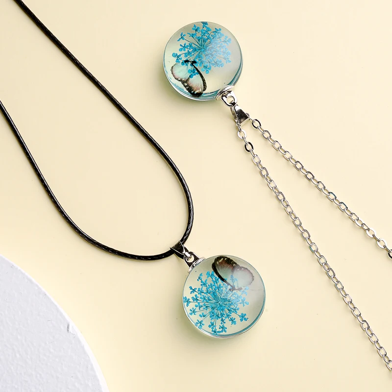 Fahion Glass Charm Real Dried Flower Pendant Necklace Transparent Butterfly Flower Pendant Necklace For Women Jewelry