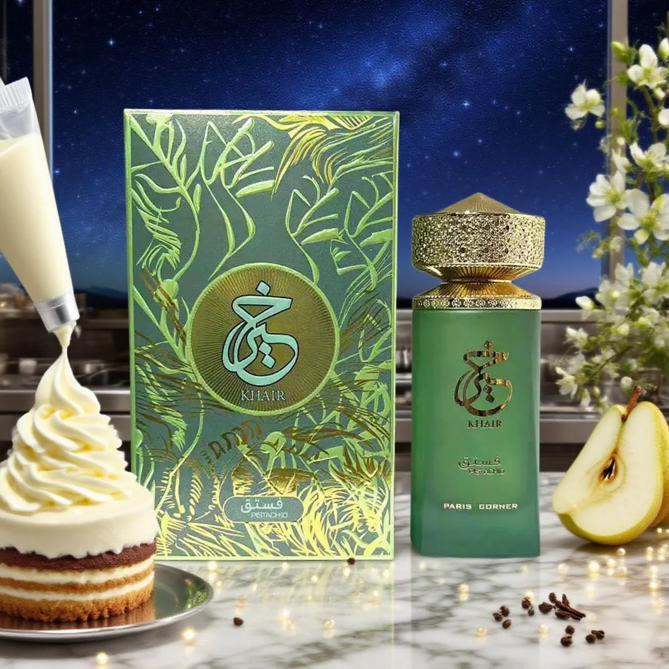 

Paris Corner Khair Pistachio Eau de Parfum | 100ml Gourmet Arabian Perfume | Creamy Nutty & Floral Fruity Scent, Long Lasting Sp