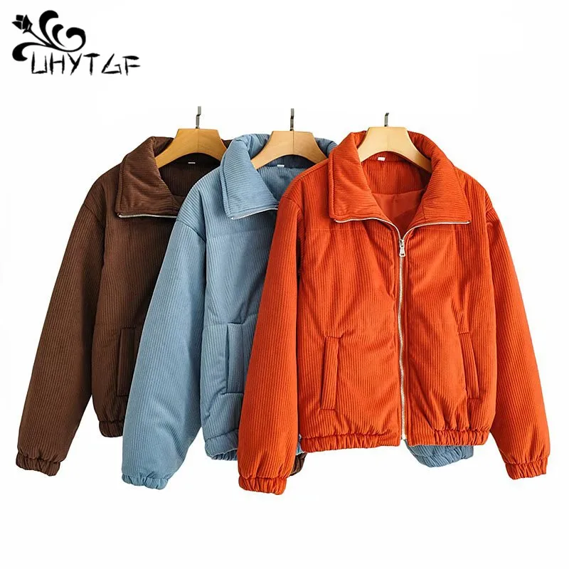 UHYTGF 2024 Winter Coat Woman Clothing Casual Corduroy Cotton-Padded Jacket For Women Warm Cotton Short Coat Thick Street Style