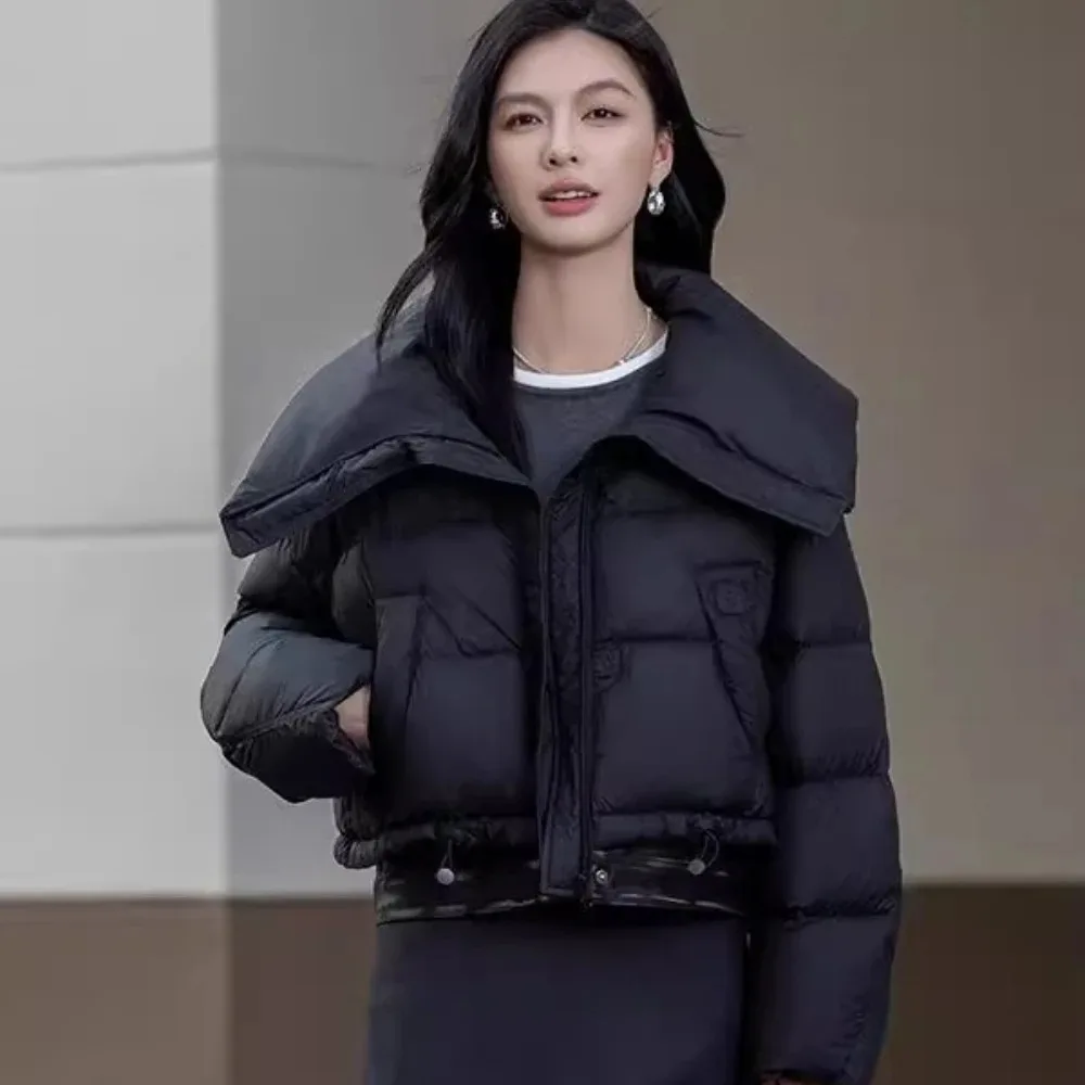

Down Jacket Turn-down Collar Puffer Jacket Feather Bread Style Women's Autumn Winter New Design Splicing White Duck Coat Coat