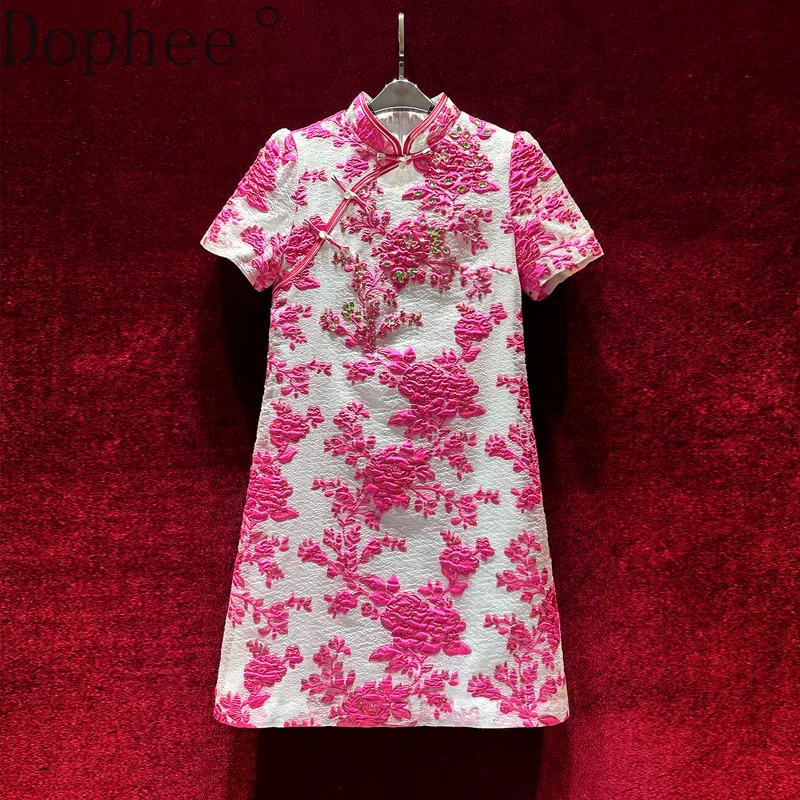 Robe Cheongsam de luxe à col montant, style chinois, manches courtes, ligne a, diamants, perles, robe de soirée de Banquet, printemps été
