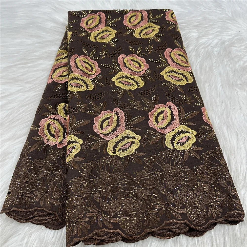 

Luxury African 100% Cotton Lace Fabric 5 Yards Swiss Voile Embroidered Lace Fabric With Stones For Clothing Materials 31A33