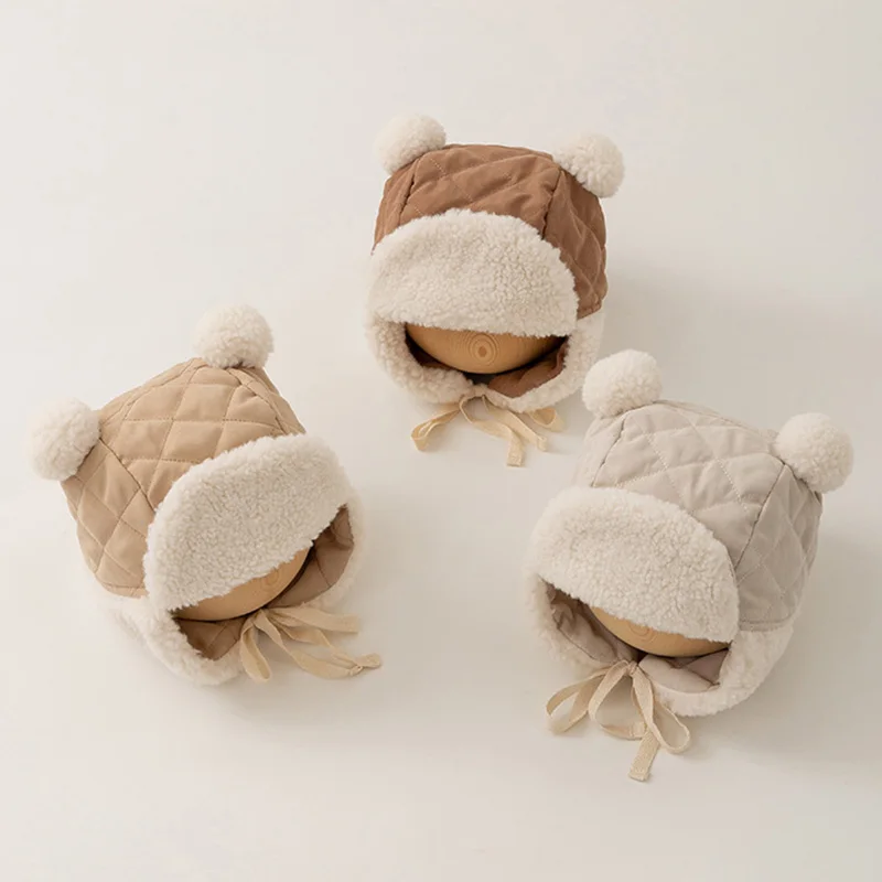 Autumn and Winter Plush Hats Cute Bear Baby Ear Protection Beanies Infant Plush Earflaps Caps Soft Furry Warm Hat Kids Girls Boy