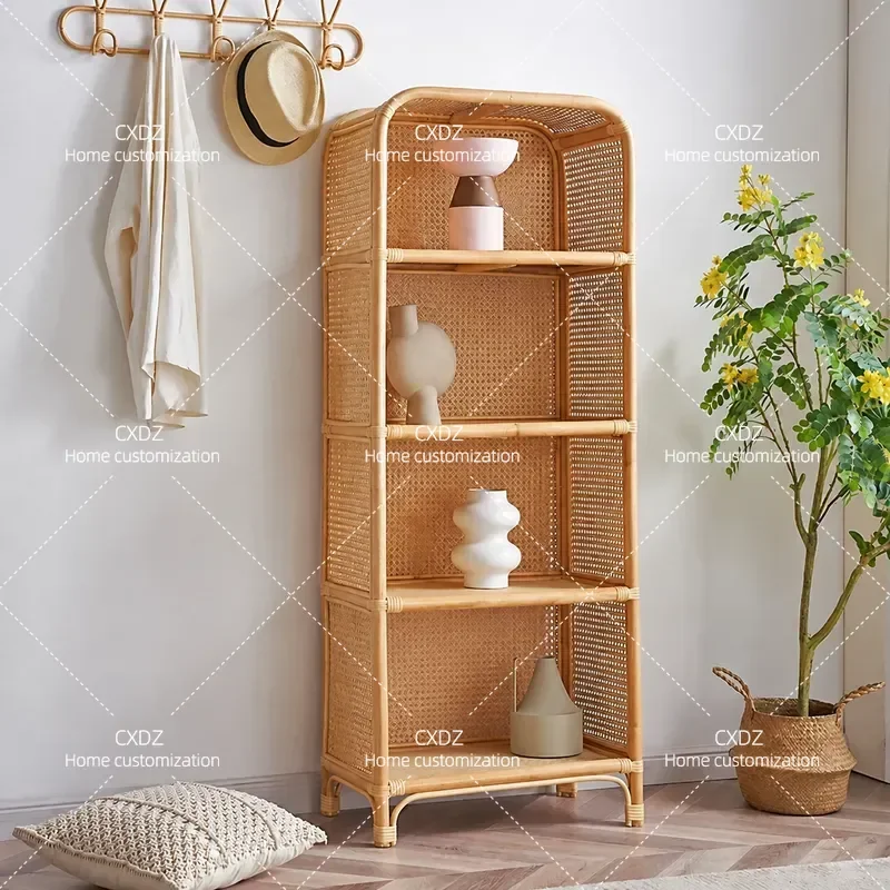 Japanese Style Floor to Ceiling Bookshelf Real Rattan Storage Shelf for Small Apartment Living Room Simple Decorative