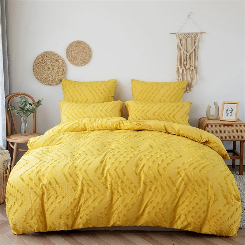 Simple and Elegant Bedding Pure Color Flower Cutting, Wave Shaped Craft, Diamond Grid Three Piece Set