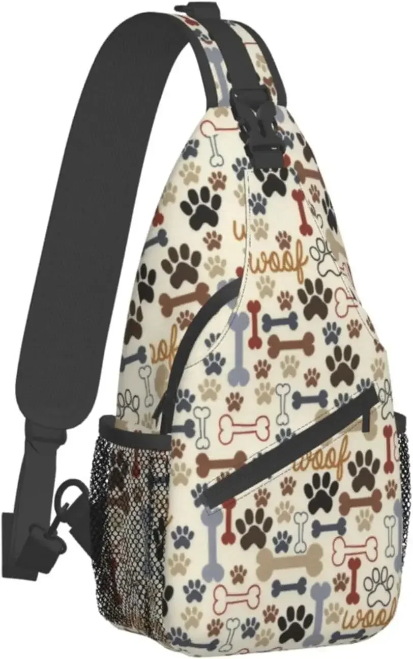 Dog Paw Print Bone Sling Backpack Travel Hiking Daypack Crossbody Shoulder Bag for Women Men  Crossbody Purse with Water Bottle