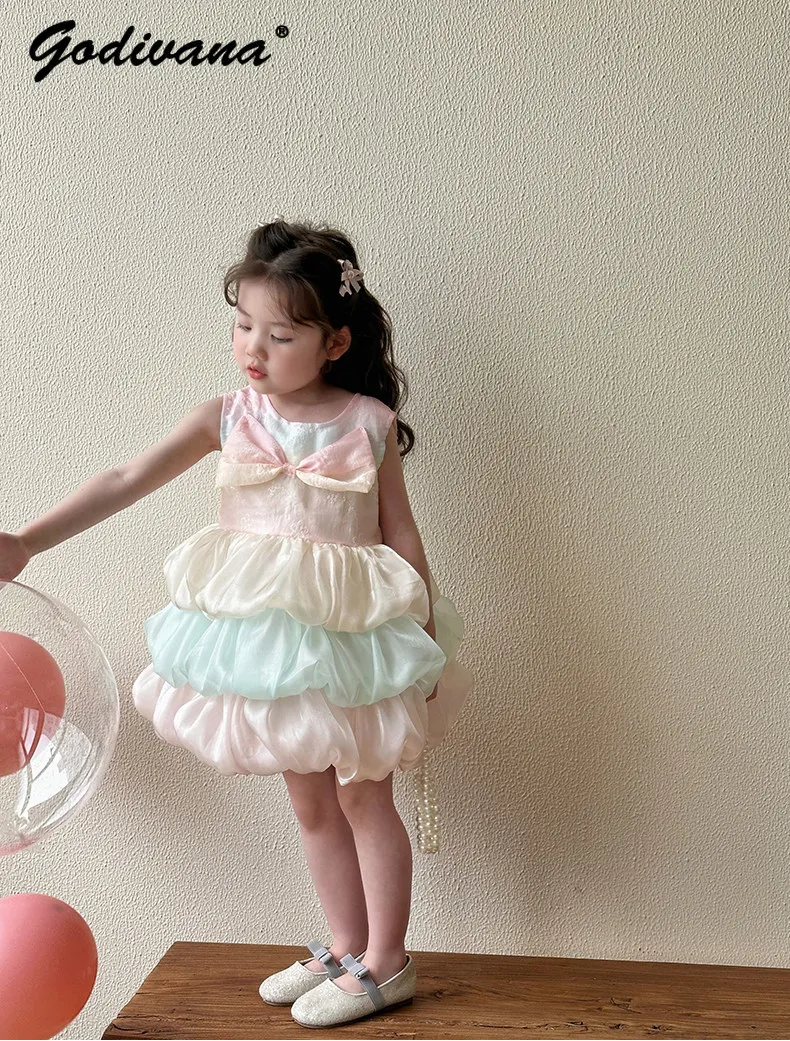 Cute Baby Girls Sleeveless Elegant Gradient Color Cake Dress Summer 2026 New Kids Bow O-neck High Waist Loose Princess Dresses