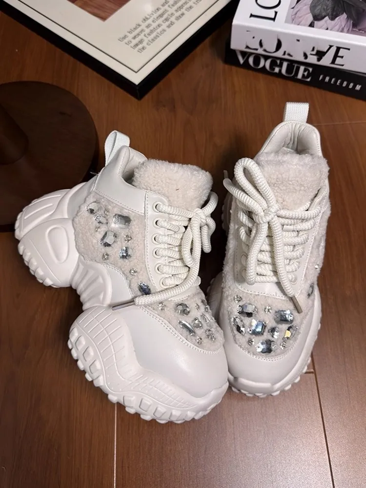 الشتاء النساء منصة سميكة الدافئة الصوف بطانة الرياضة في الهواء الطلق احذية الجري جديد المنخفضة قطع الدانتيل يصل الماس تقسم الركض أحذية رياضية #4