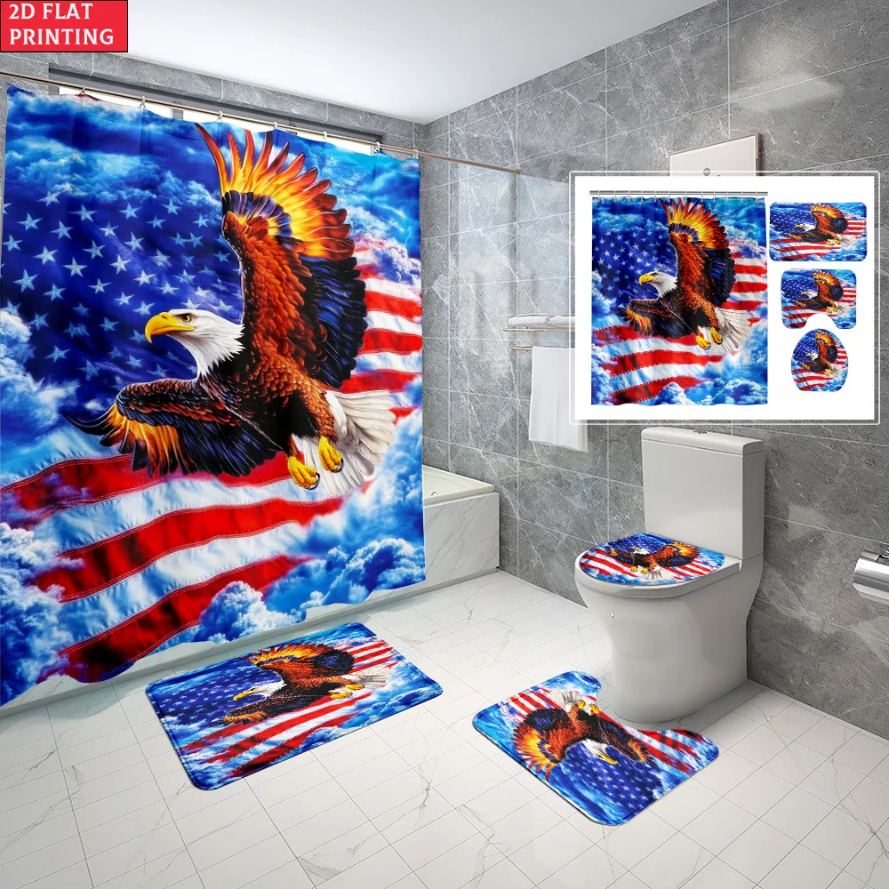 

Bathroom Set Shower Curtain with Eagle US Flag Design Non Slip Bath Rug U Shaped Mat Toilet Cover Machine Washable with Hooks