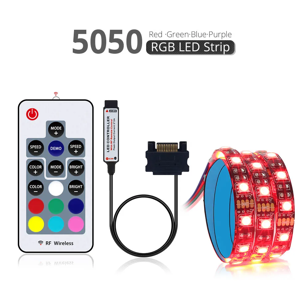 Coolo 50/100/150/200cm RGB LED Strip Light PC Computer Case Decoration Strip Light, SATA Power Supply, RF Wireless Controller