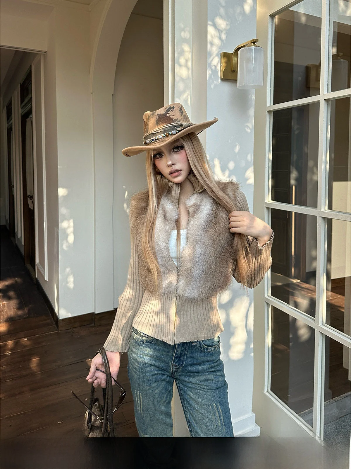 GOGOBURN American Style Spicy Girl Patchwork Knitted Short Jacket Women's Fashion Design Slim Fit Waist Cinching Outerwear