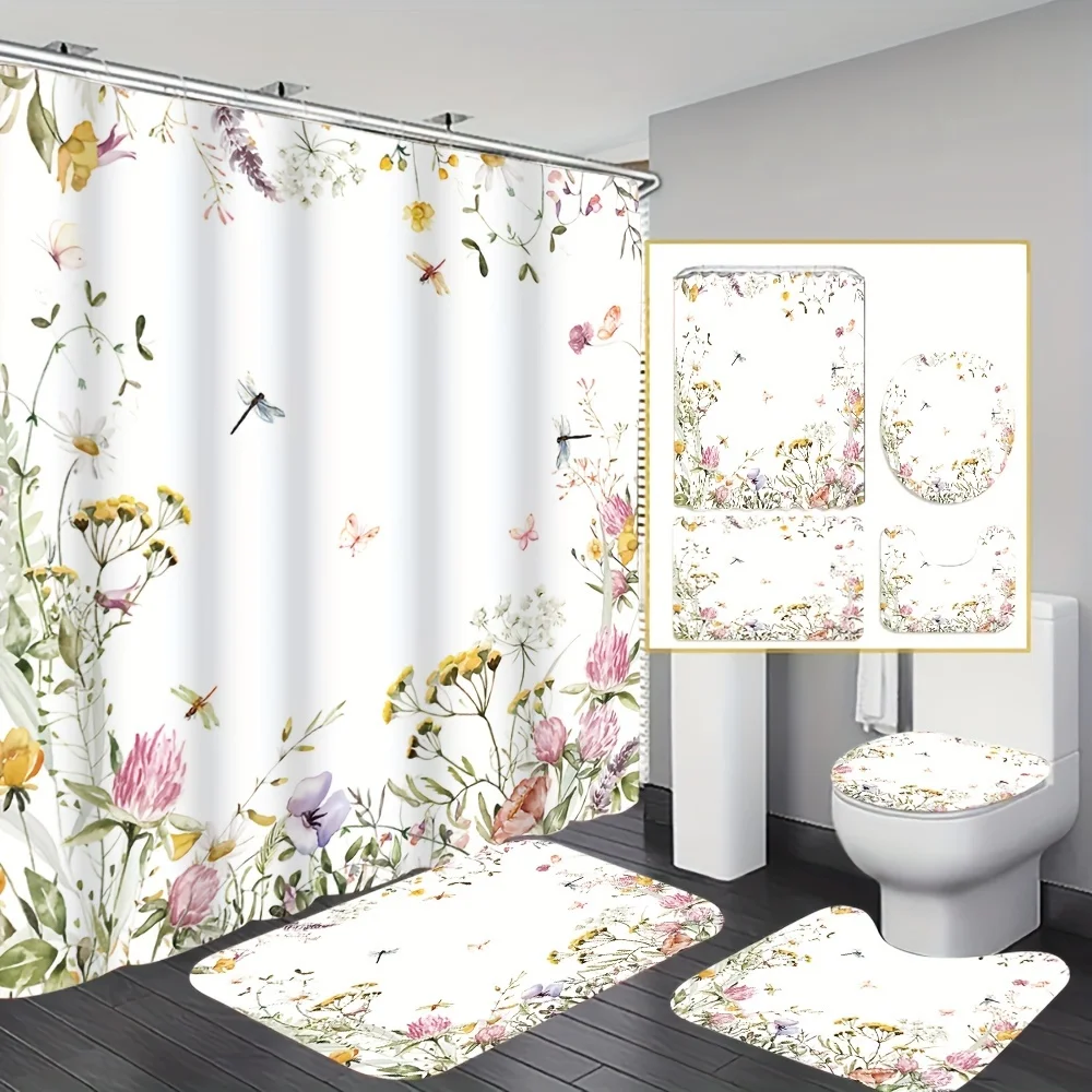 

Набор для ванной комнаты с цветком стрекозы из 4 предметов, занавеска для душа, нескользящий напольный коврик, сиденье для унитаза, U-образный коврик, полиэфирная ткань