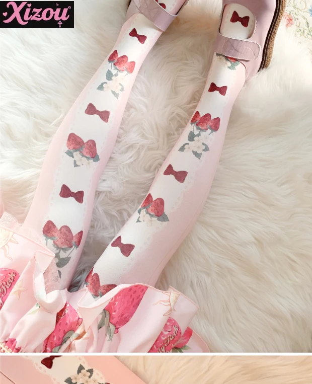 Japanese Strawberry Bow Tie Lolita Socks Women's Spring and Summer Velvet Print Pantyhose Lolita Sweet Socks Sweetheart Girl