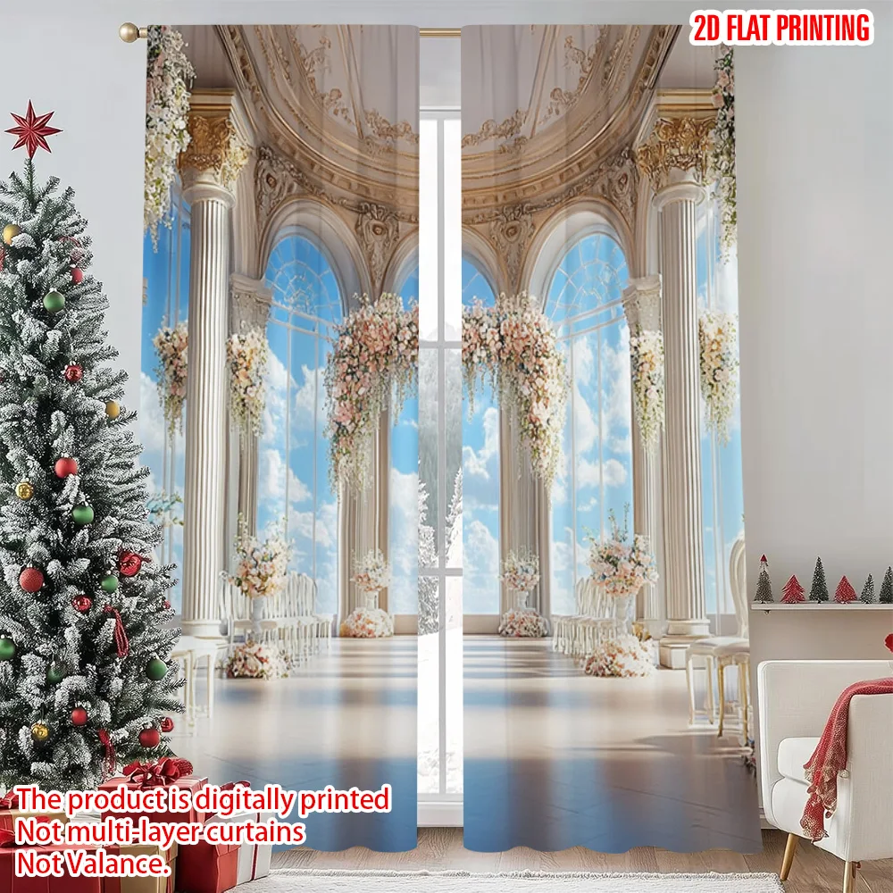 

2pcs 2D flat printing Merry Christmas Curtain Romantic Wedding Room Versatile 100% Polyester Without Electricity Birthday Party