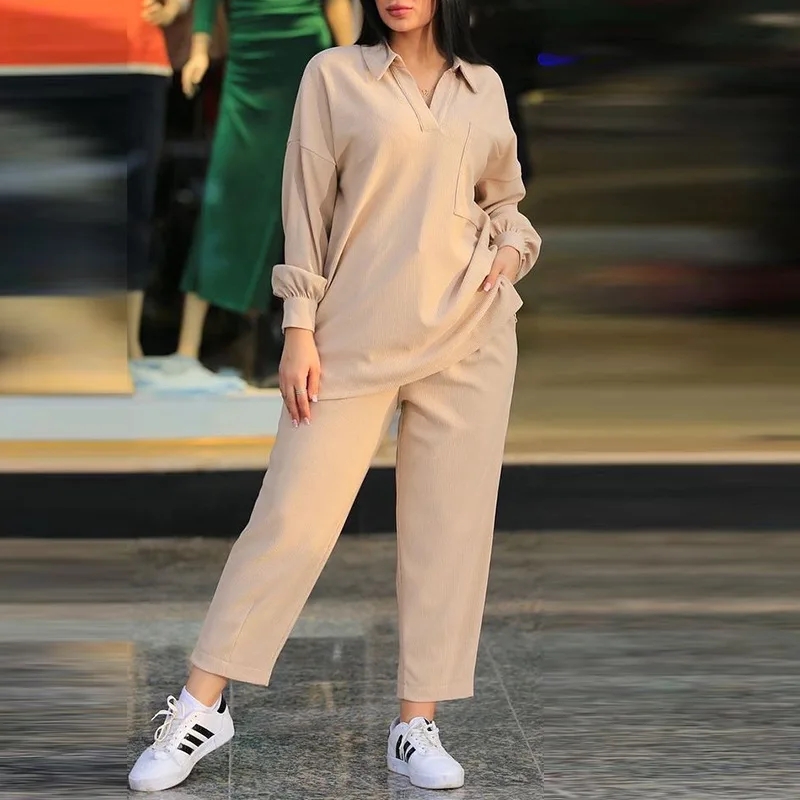 

Winter Fashion Shirt Two-piece Set Women's Solid Color Long Sleeve Casual V-neck Shirt Straight Trousers Loose Two-piece Set