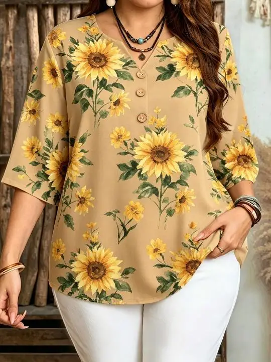 Plus Size Watercolor Floral Print Blouse Notch V Neck 3/4 Sleeve Wooden Buttons Loose Casual Women Top