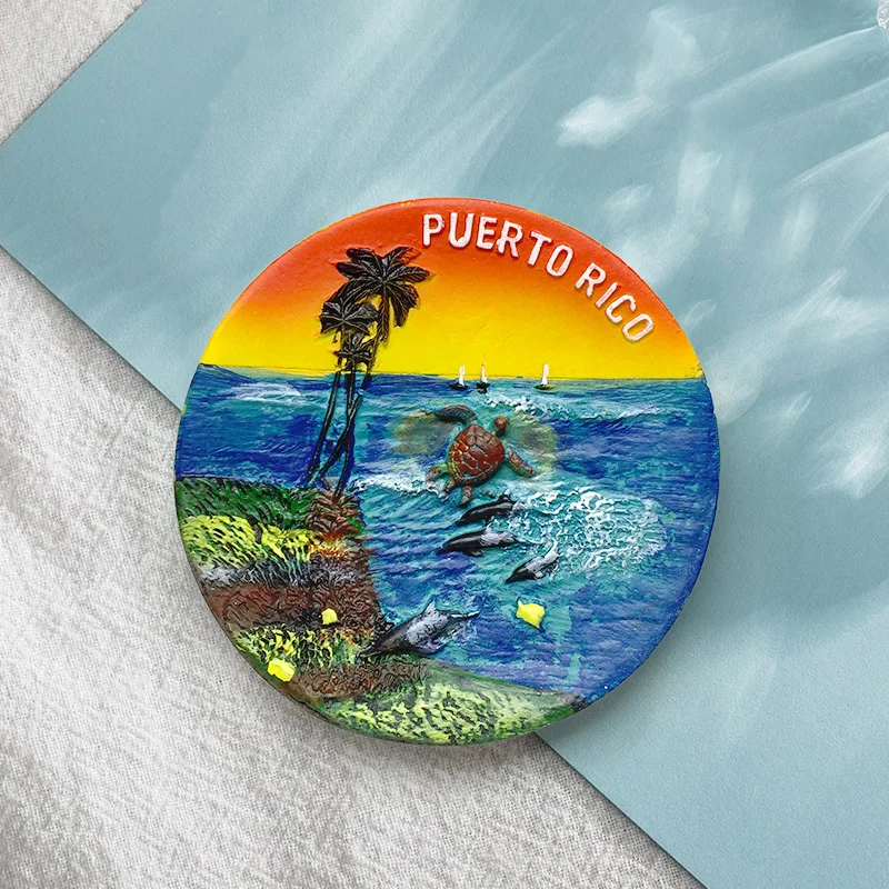 

American Puerto Rico Seascape Round Disc High-Value Refrigerator Magnet Travel Souvenir 3D Home Decoration