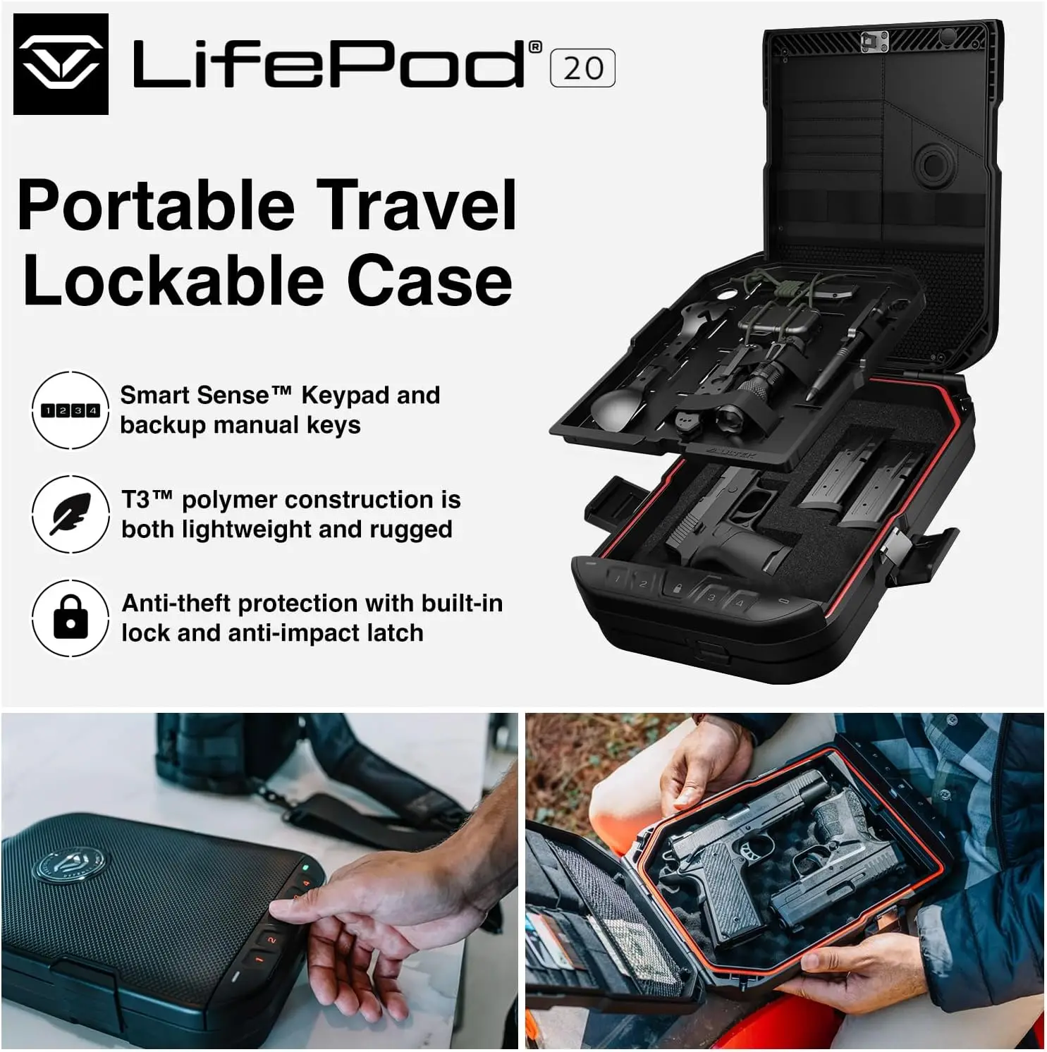 LifePod 20 Full-Size Lockable Weatherproof Case with Built-in Lock, Steel Security Cable, & TSA Handgun Case or Car Safe, Portab
