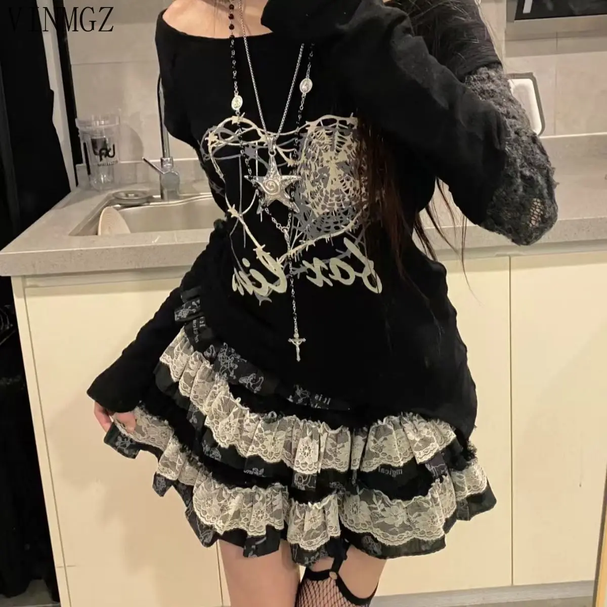 Y2k punk dark subculture Harajuku lace hottie cake high waist tutu skirt summer   Regular Fit  harajuku