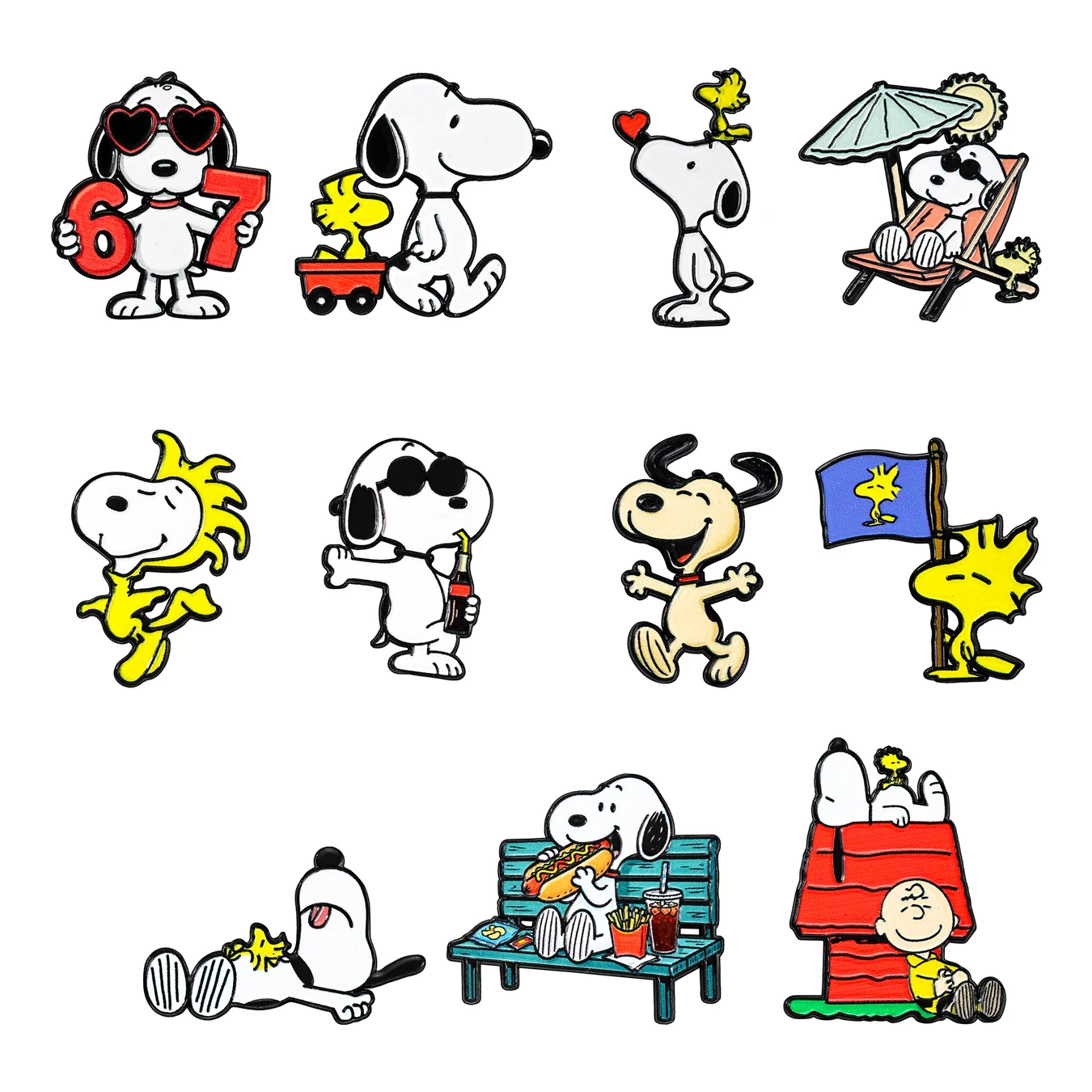 11Pcs Cartoon White Dog & Little Bird Enamel Pin Set Cute Comic Character Lapel Brooch Badges for Backpack Decorative Pins