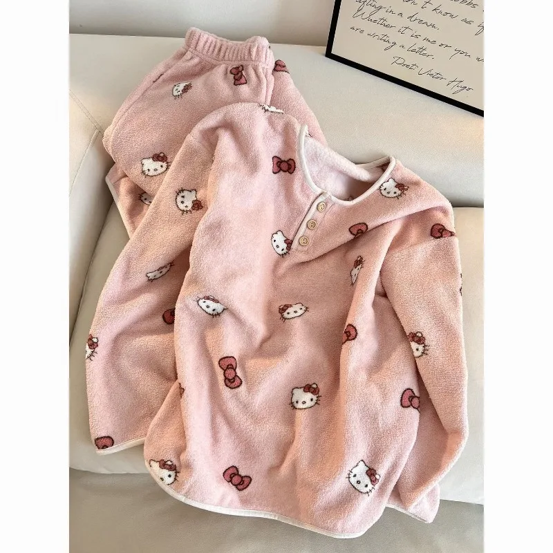 

Autumn and Winter Girls Hello Kitty Coral Velvet Pajamas Set Pink Cute Printed Home Clothes Thickened Warm Long-sleeved Trousers