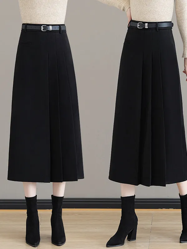 

High Waist A-Line Woolen Skirt Women's Faionable Autumn Winter Sle Pleated Long Skirt Commute Warm Zipper ket Design