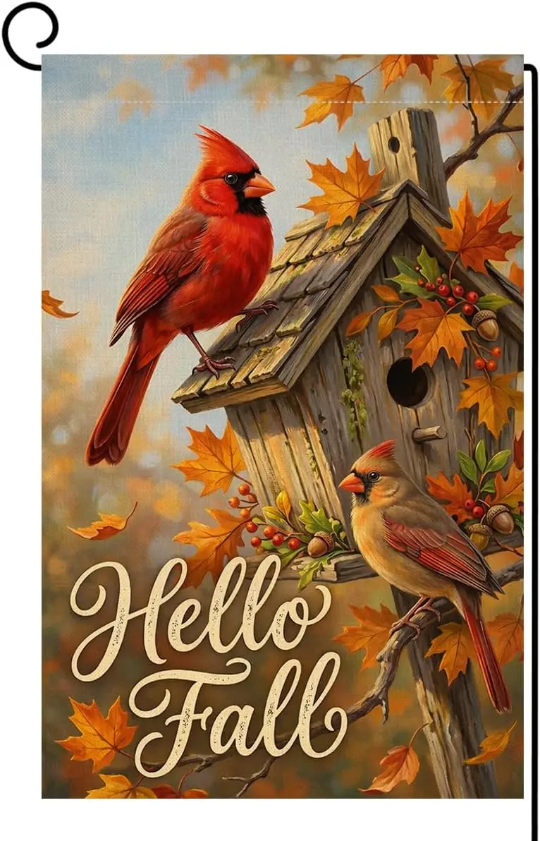 Fall Cardinal Birds Garden Flag 12x18 Birdhouse Maple Yard Decor jaa