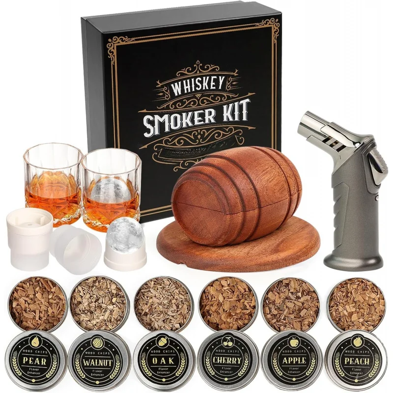 

Whiskey Smoker Kit w/Torch – 6 Flavors Wood Chips, 2 Glasses, 2 Ice Ball Molds, Old Fashioned Cocktail Infuser