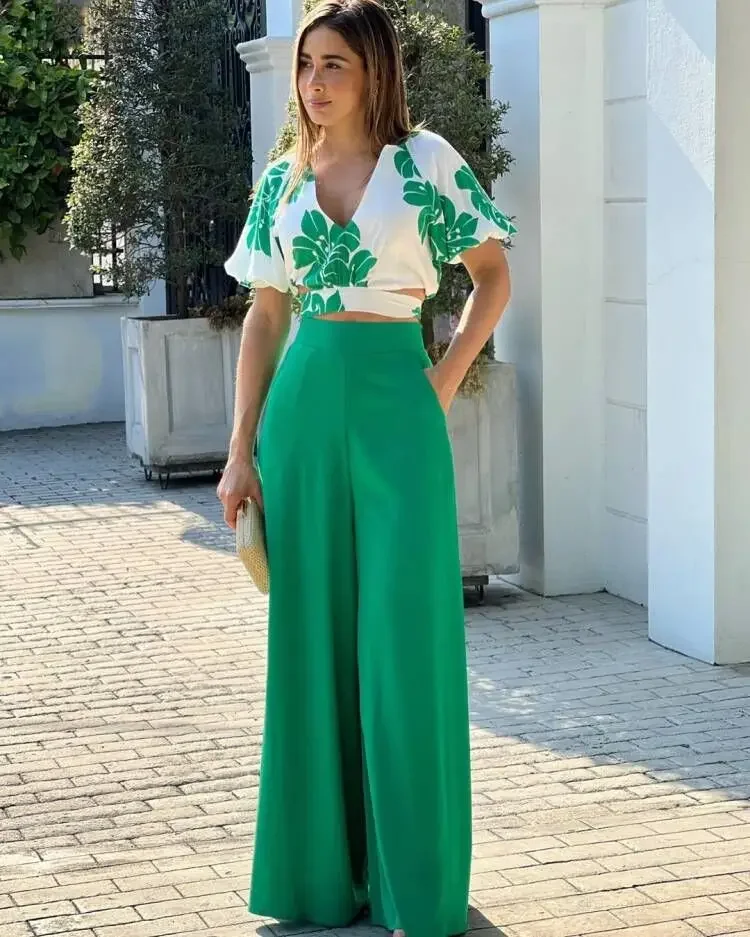 

Summer Two Piece Set Women Fashion Print V-neck Puff Sleeves Tops Long Wide-leg Pants Two Piece Suit Women