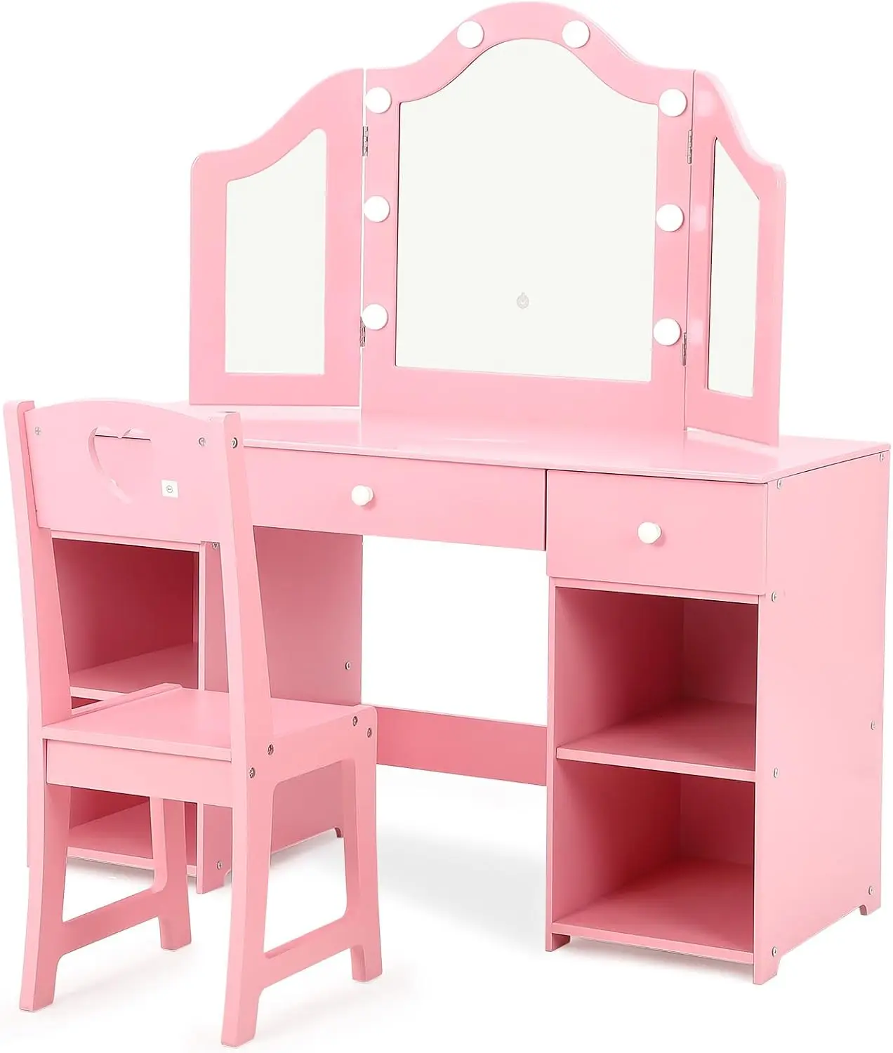 Kids Vanity with Lights, Princess Makeup Vanity Desk with Storage Cabinet & Touch Light Detachable Tri-Folding Mirror, 2 in 1 To