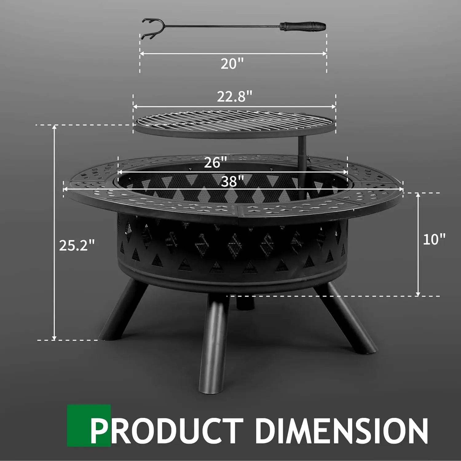 Fire Pit, 38 Inch Outdoor Wood Burning Firepits with Swivel Steel BBQ Cooking Grill, Spark Screen & Poker - Large Fire Bowl