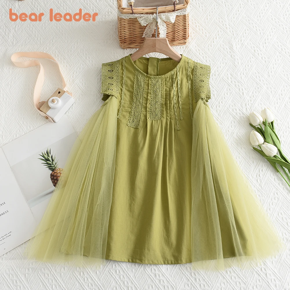 Bear Leader Green Girls Casual Dresses Round Neck Sleeveless Pleated Mesh Lace Princess Dress Summer Korean Version Kids Clothes