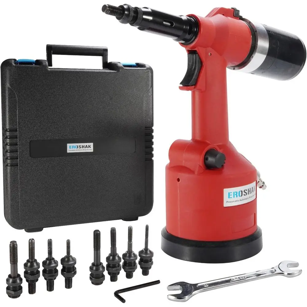 Hydraulic Pneumatic Riveter Automatic Air Rivet Nut Gun Tool Setting Kit Rivnut Riveting, with Metric & SAE Mandrels (8 Size)