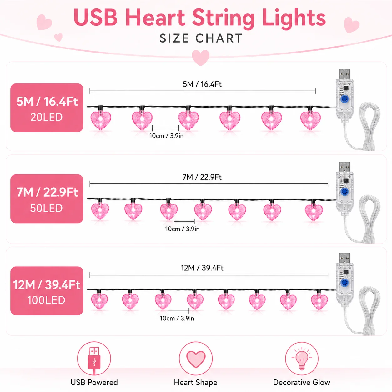 USB Heart String Lights 5/7/12M 20/50/100LED Fairy Lights Pink Multicolor Warm Red Bedroom Party Curtain Decor