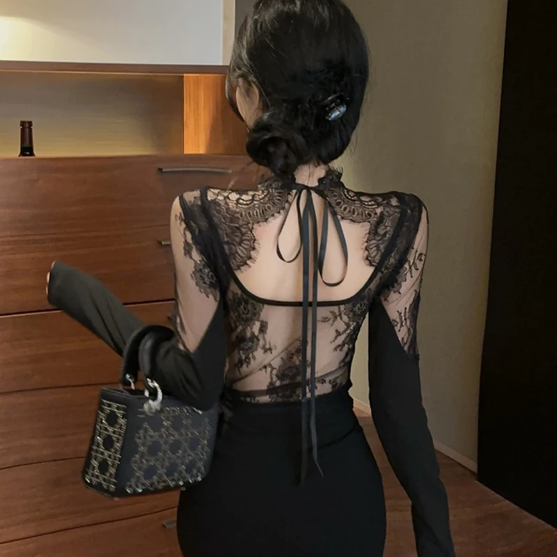 

Spring Autumn Long Sleeve Hollowe Out Backless T Shirt Sexy Women Tops Patchwork Bow Tie Black Lace Shirt