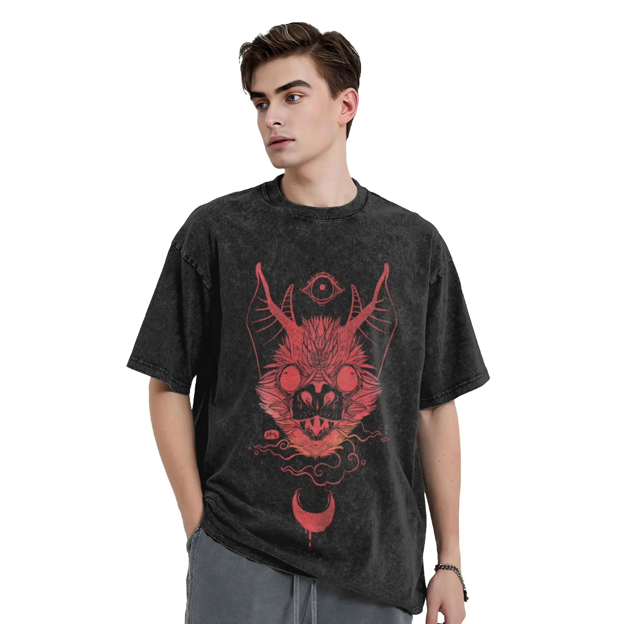 Bat Chiroptera With Moon And Eye Unique Comfort A Washed T Shirt Men's Oversized Cotton Tees Tops