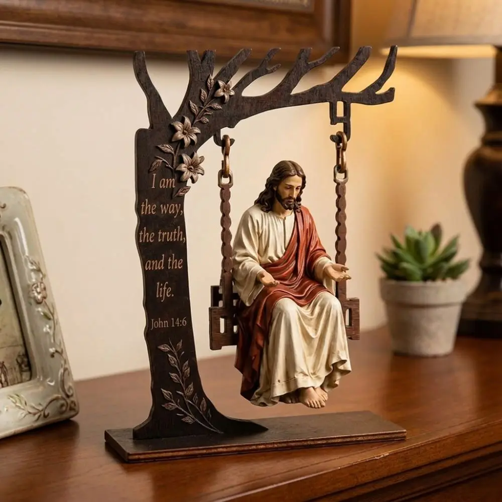 Vintage Wooden Jesus Swing Ornament Religious Verse Engraved Bible Reading Figurine Catholic Cradle Swing Figure Swing Craft