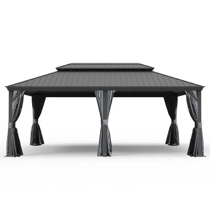 

Беседка 14x20 с жестким верхом и модернизированной металлической крышей и дренажной системой, двухслойная оцинкованная сталь, включает шторы и сетку,