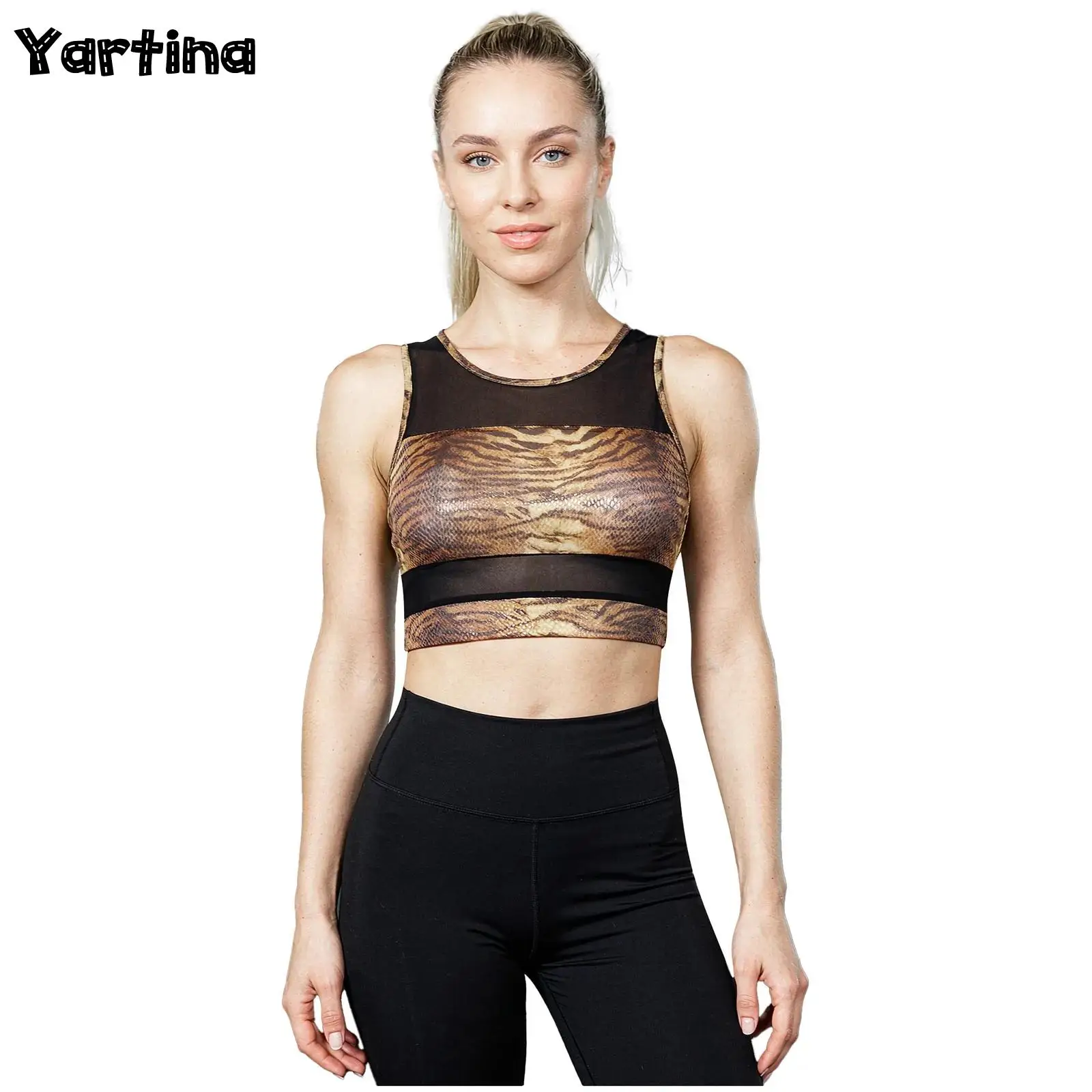 Ladies Sleeveless Tiger Striped Crop Camisole Mesh Panel Round Neck Elastic Gym Athletic Workout Tank Top Carnival Yoga Fitness