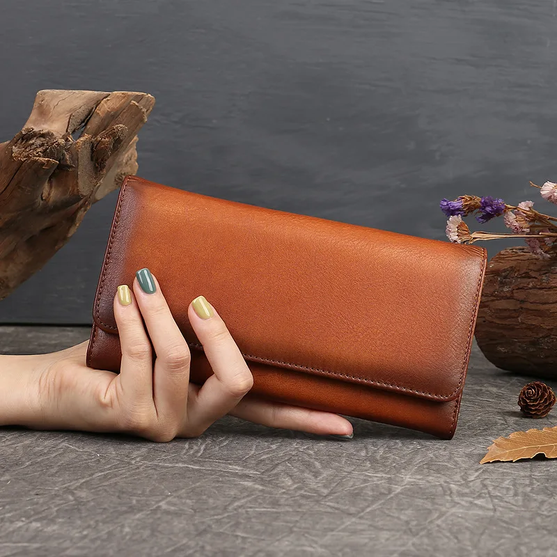 Purse women retro head layer cattle pickup bag simple clasp handheld multi-function mobile phone storage wallet