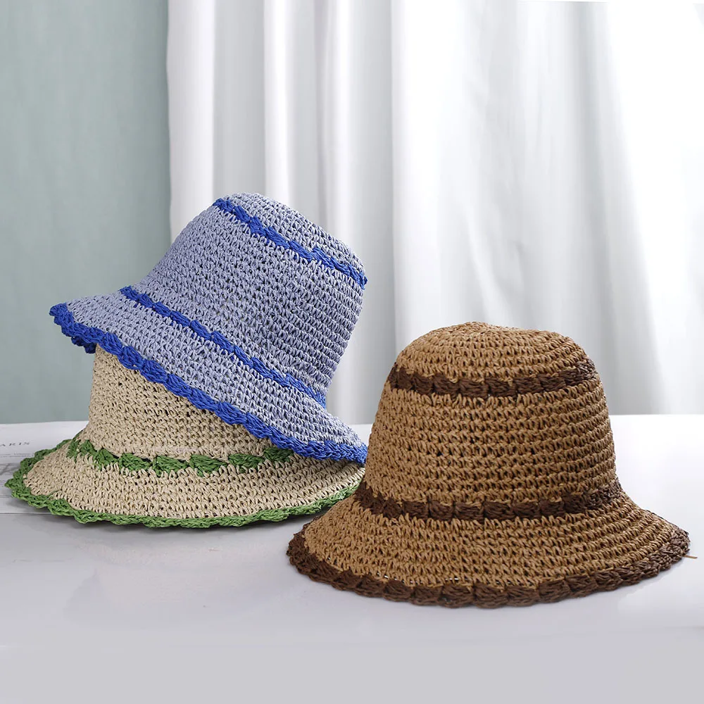 High End Women Summer Vacation Straw Hat Beach Tourism Sun Shade Hat Colored Brimmed Straw Fisherman Hats Travel Caps