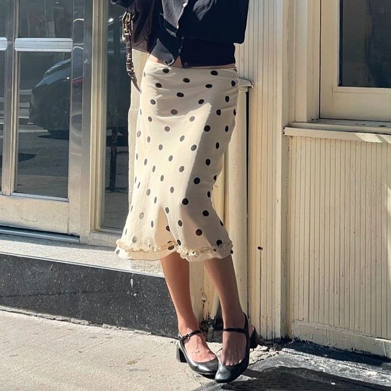 Nice Casual Women Polka Dot Skirts Lettuce Trim Beige Elegant Midi Skirts Streetwear Simple All-match Bottom Clothing Spring