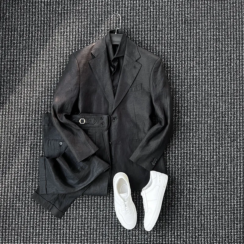 

Spring Unstructured Flat Barrel Collar Linen Suit Men's Business Casual Commuter Breathable Suit