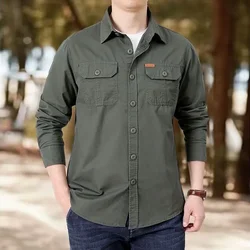 Long Sleeve Cargo Sweatshirts Men Clothing Retro Spring Autumn Casual Turn Down Collar Shirts Male Camisa Militar Overshirt