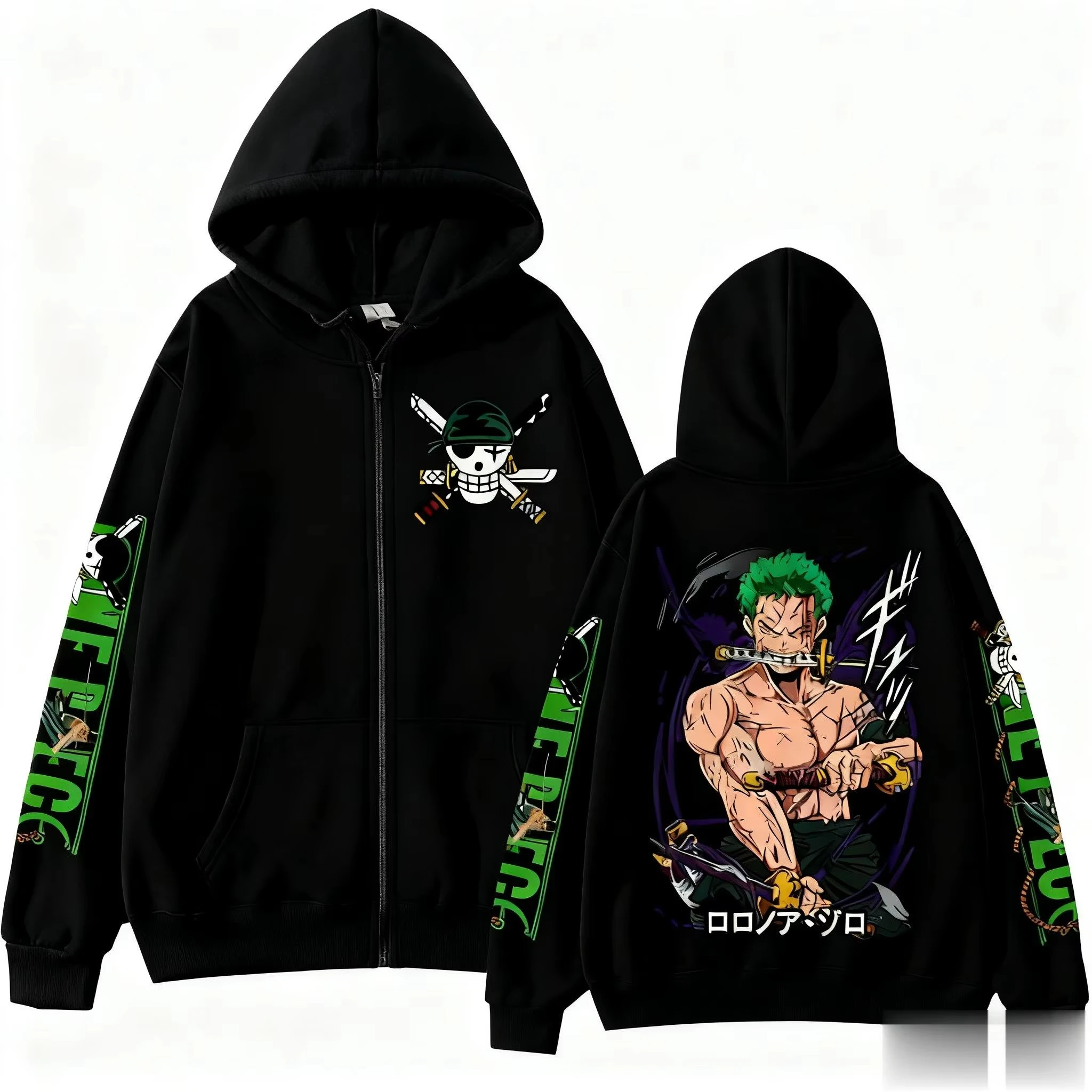 2026 One Piece Zoro Anime Print Reißverschluss-Kapuzenjacke für Herren und Damen, Langarm, Lässiger Hip-Hop Streetwear Pullover, Frühling Herbst Oberteil