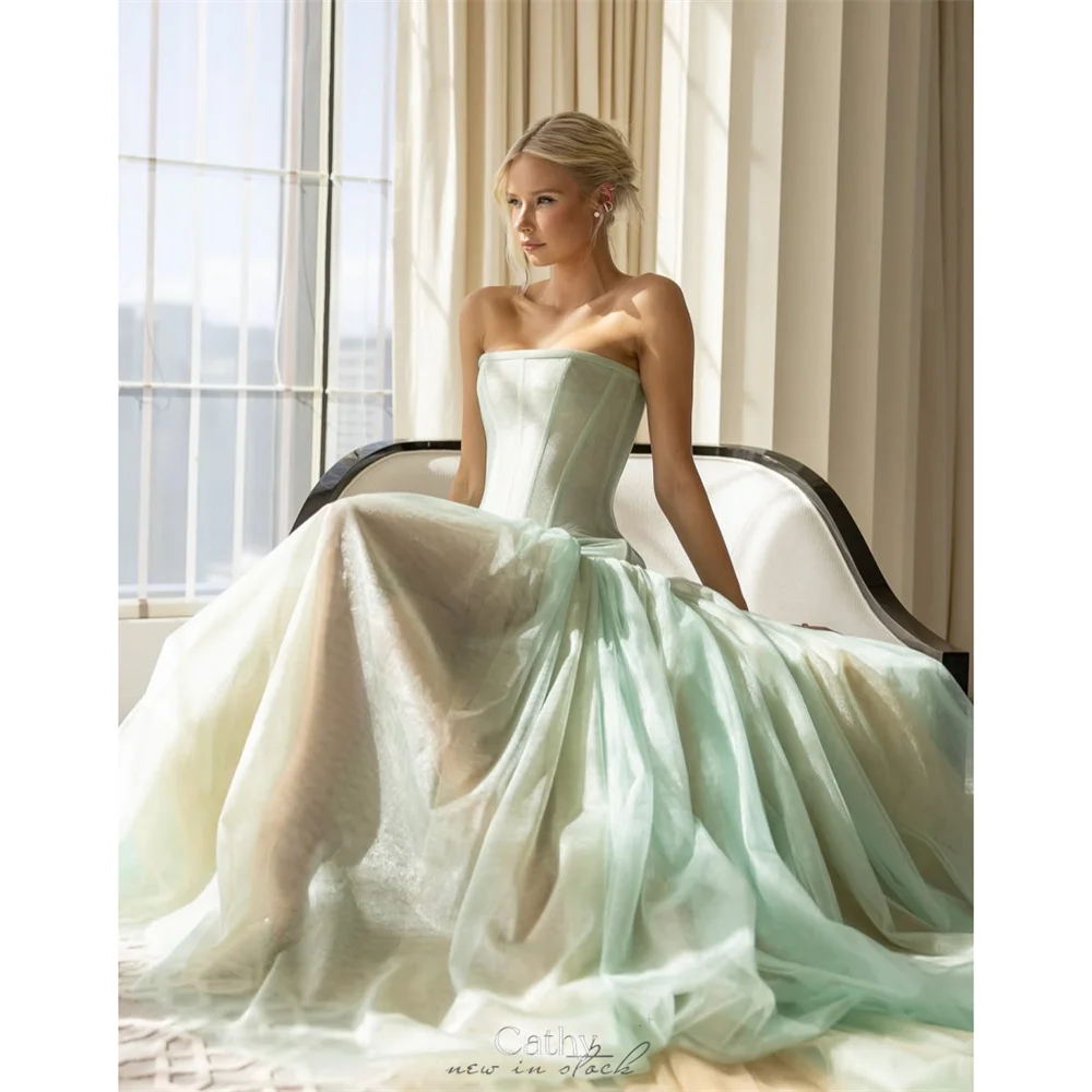 Cathy personalizar maçã verde sem alças a linha vestido de baile elegante sem mangas vestidos de noiva tribunal trem vestidos de noite 2025